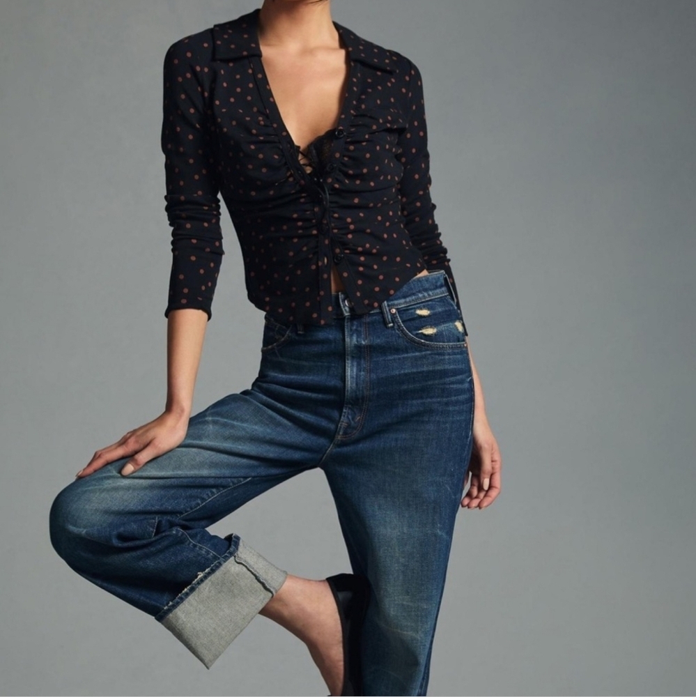 Maeve Polka Dot Ruched bottoned Down Fitted Blouse - Picture 3 of 7